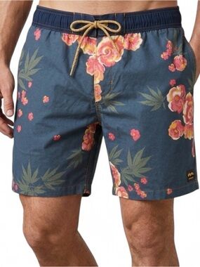 Billabong x Wrangler Men's Floral Drawstring Swim Trunks - Blue with Pink Floral